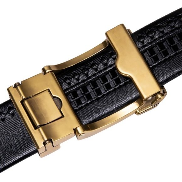 New Sliding Gold Buckle Ratchet Genuine Leather Belt - Picture 5 of 6